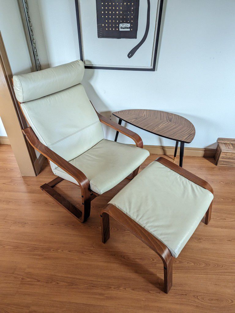 IKEA Poang Teak & Ivory Leather Lounge Chair & Ottoman