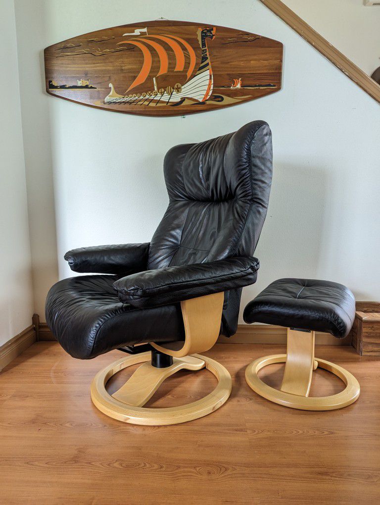 Large Black Fjords Hjellegjerde Leather Lounge Chair Recliner & Ottoman