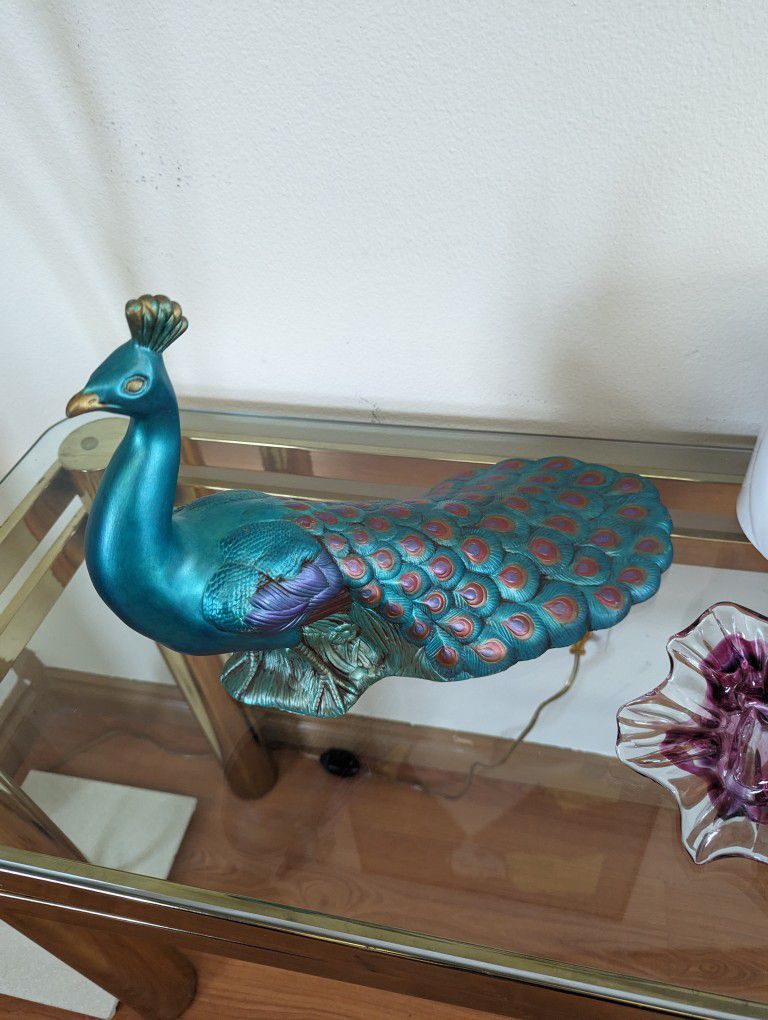 Mid Century Vintage Ceramic Teal / Turquoise Peacock Art Statue