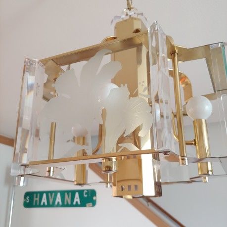 Postmodern Art Deco Fredrick Ramond Signed Glass & Brass Chandelier