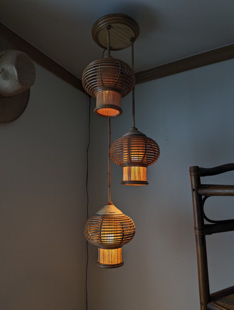 Vintage Boho Bamboo & Rattan 3 Lantern Lights Swag Lamp