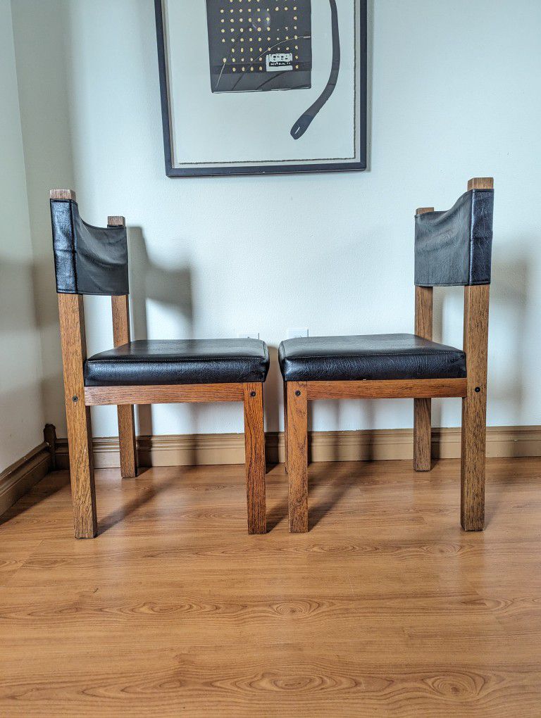 Vintage MCM Pair of Solid Oak & Black Faux Leather Sling Back Chairs $165 Each