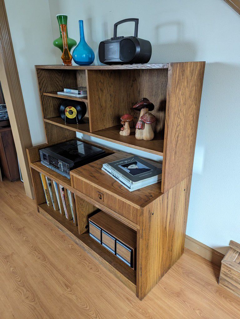 Modular Oak Record Player Stand & Storage Cabinet w/ Bookshelf