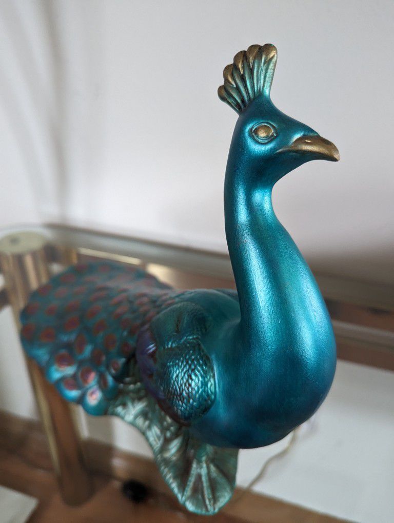 Mid Century Vintage Ceramic Teal / Turquoise Peacock Art Statue