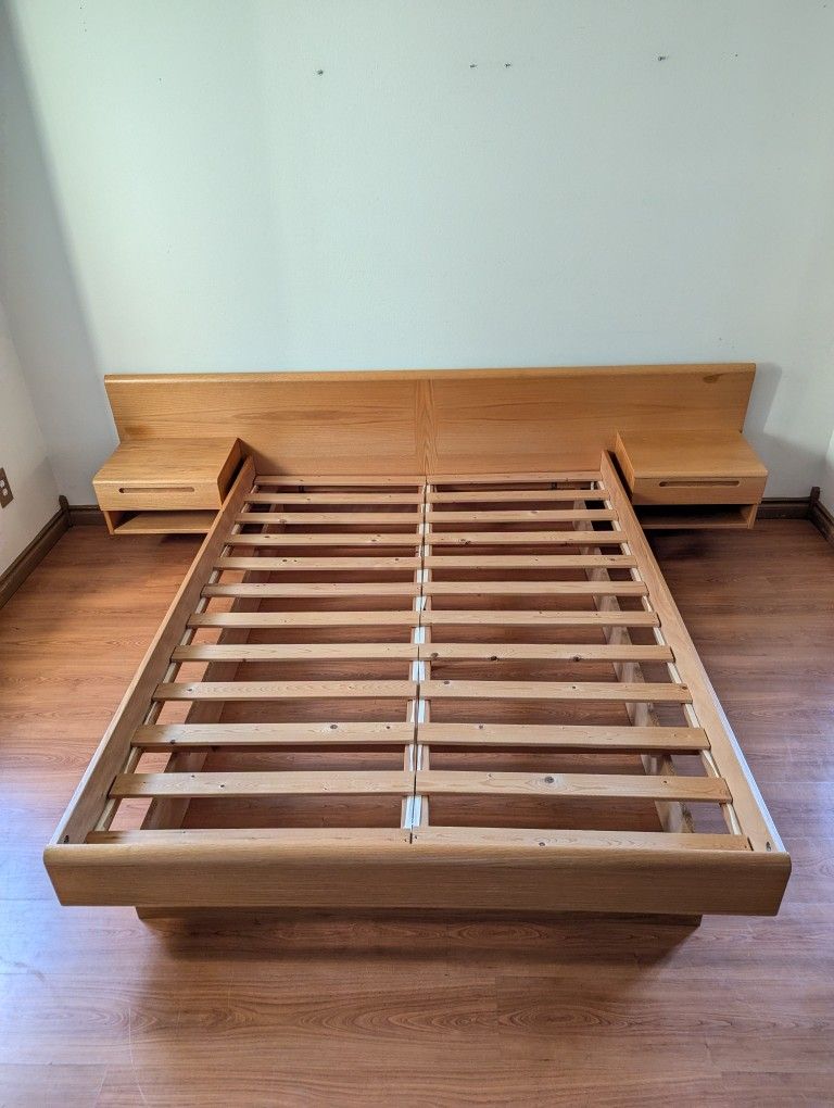 Mid Century Danish Modern Teak Bed Frame w/ Floating Nightstands by Jesper