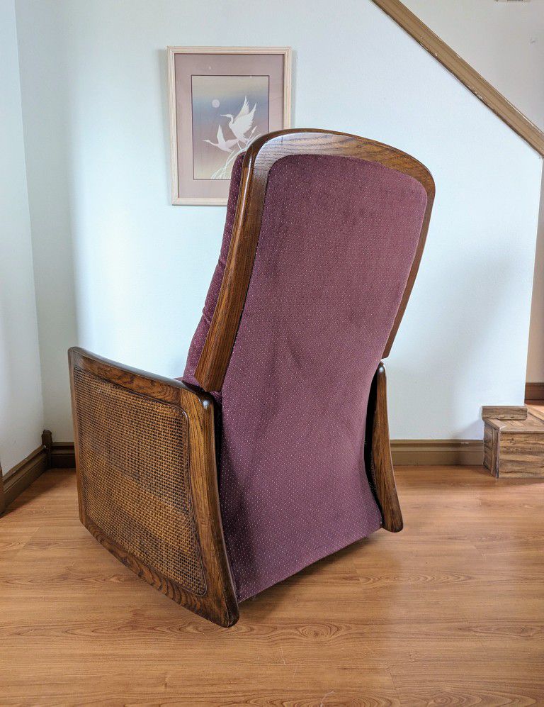 Vintage MCM Walnut & Caned Boho Recliner w/ Mauve Upholstery