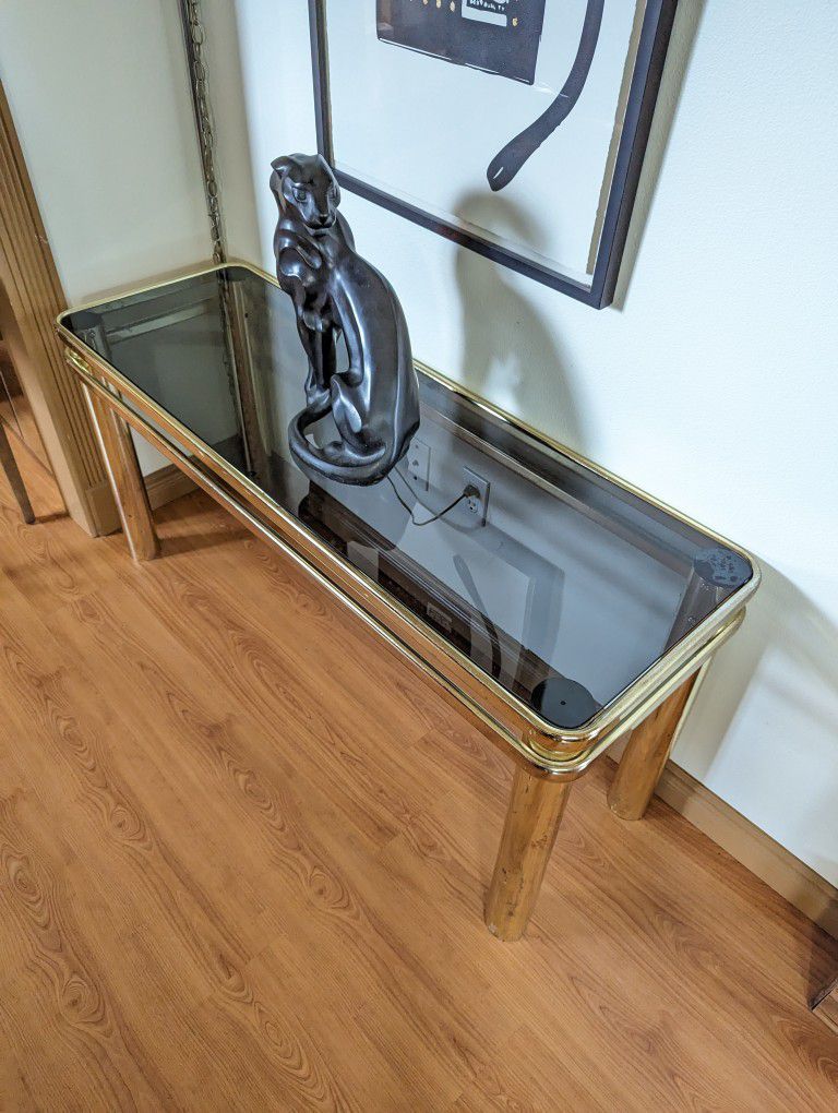 Vintage Postmodern Brass & Smoked Glass Console Table