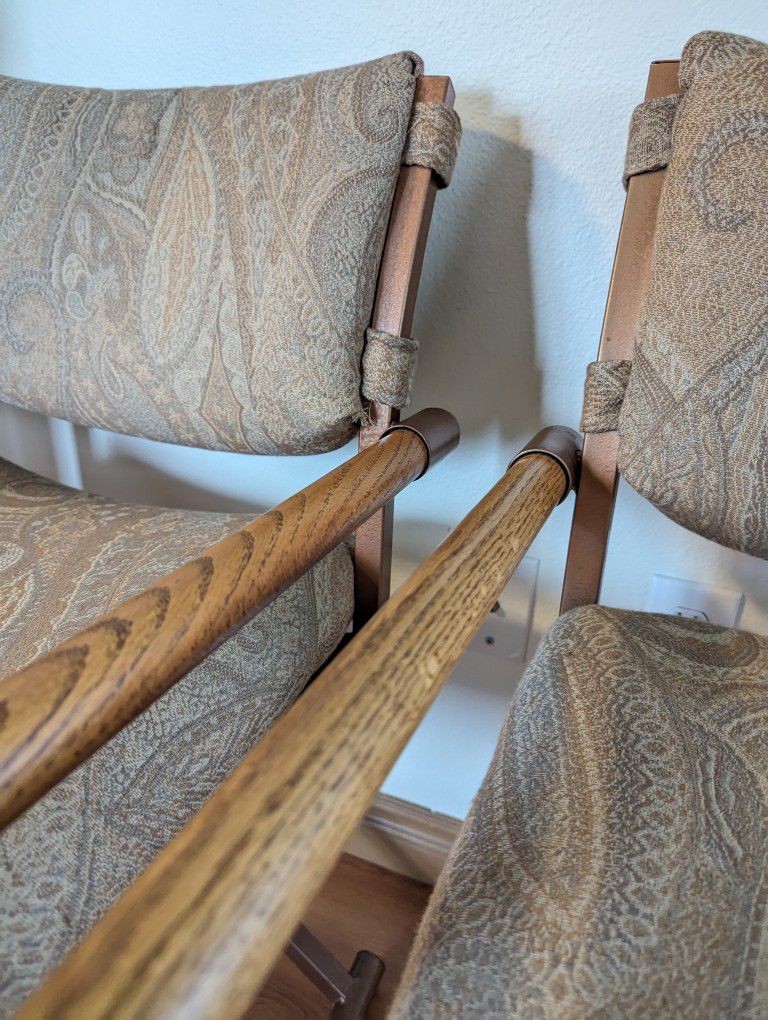 Postmodern Pair of Paisley, Copper & Oak X Framed Directors Chairs