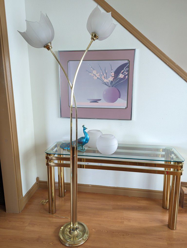 Mid Century Brass & Frosted Glass Lotus Blossom 3 Way Floor Lamp