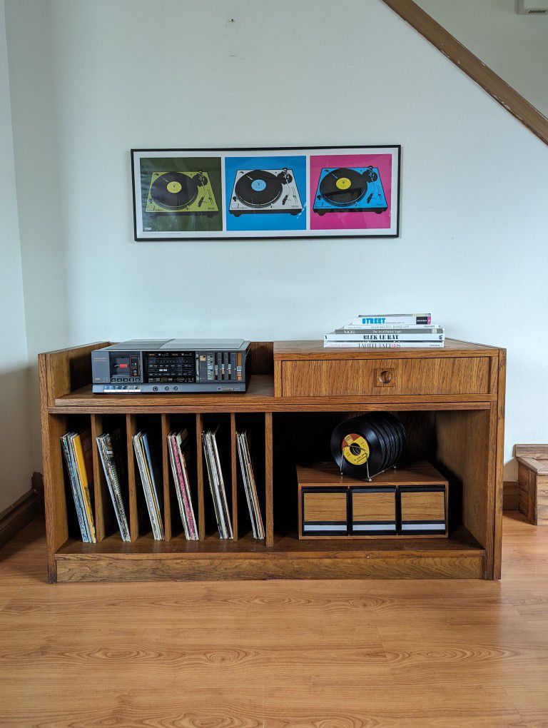 Modular Oak Record Player Stand & Storage Cabinet w/ Bookshelf