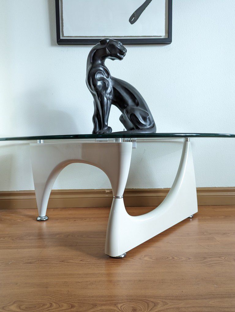 Noguchi Style White Triangular Postmodern Glass Top Coffee Table