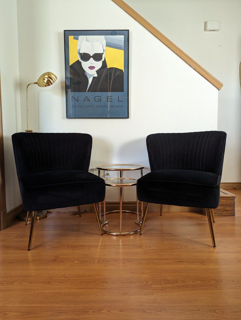 Brand New Pair of Black Velvet Shell Back & Brass Accent Chairs / Art Deco Lounge $100 Each!