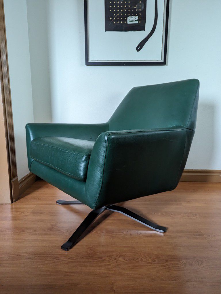 MCM Green Leather Lucas Model Swivel Lounge Chair by West Elm