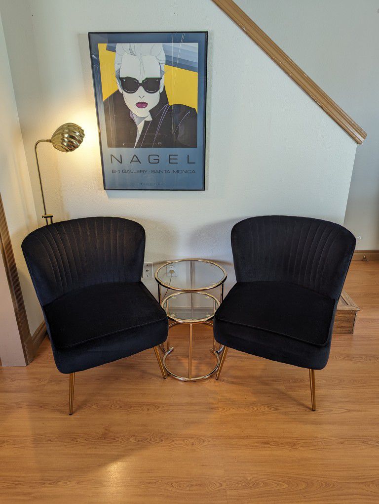 Brand New Pair of Black Velvet Shell Back & Brass Accent Chairs / Art Deco Lounge $100 Each!