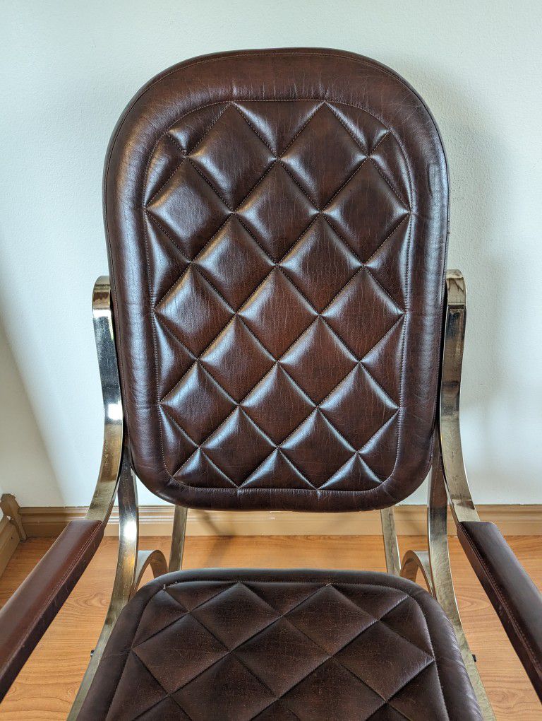 1970's French Chrome & Brown Leather Rocker by Maison Jansen