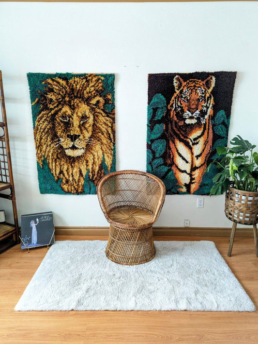 Pair of 1970's Mid Century Boho Latch Hook Tiger & Lion Wall Art