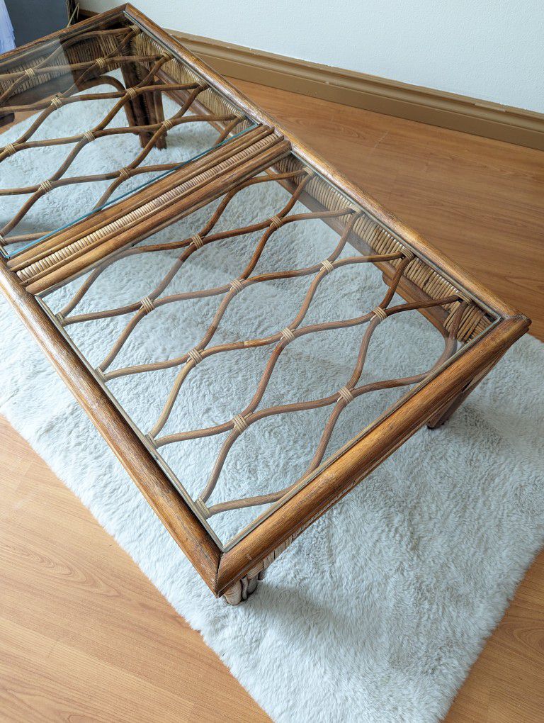 70's Mid Century Boho Bamboo & Rattan Glass Top Coffee Table