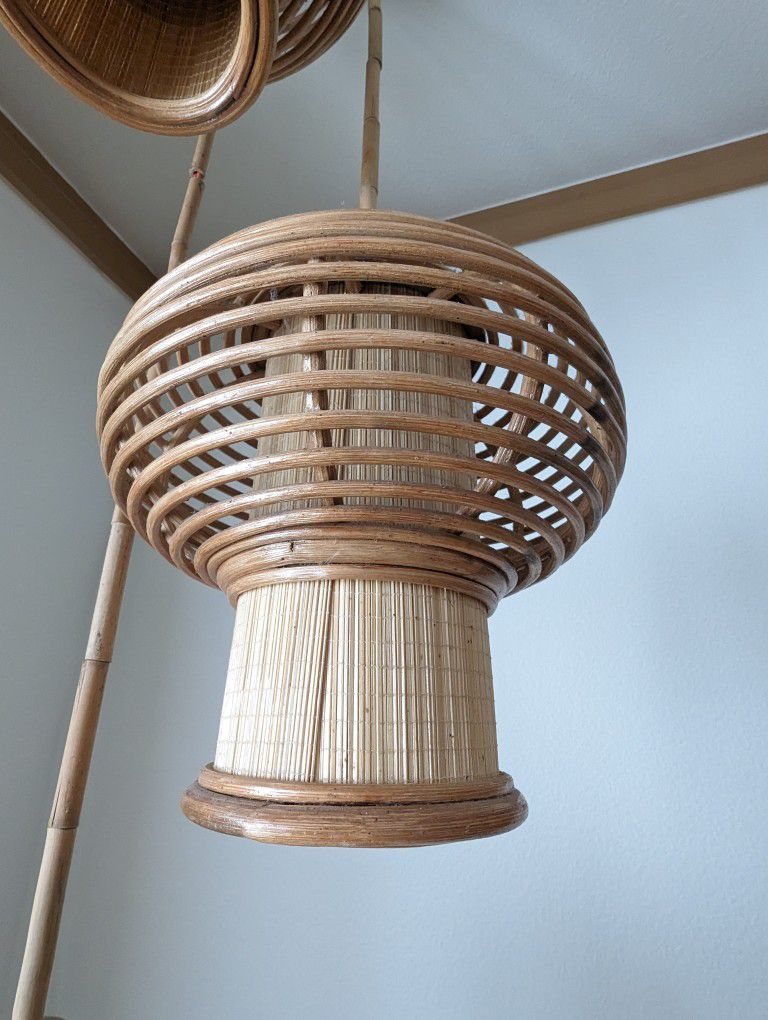 Vintage Boho Bamboo & Rattan 3 Lantern Lights Swag Lamp