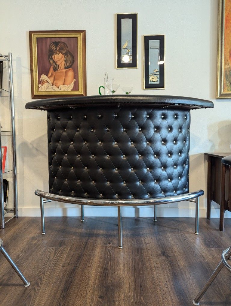 Mid Century Modern Tufted Bar Setup w/ 2 Barstools by Arthur Umanoff