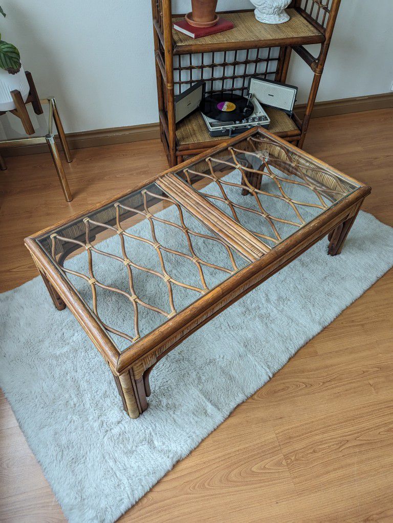 70's Mid Century Boho Bamboo & Rattan Glass Top Coffee Table