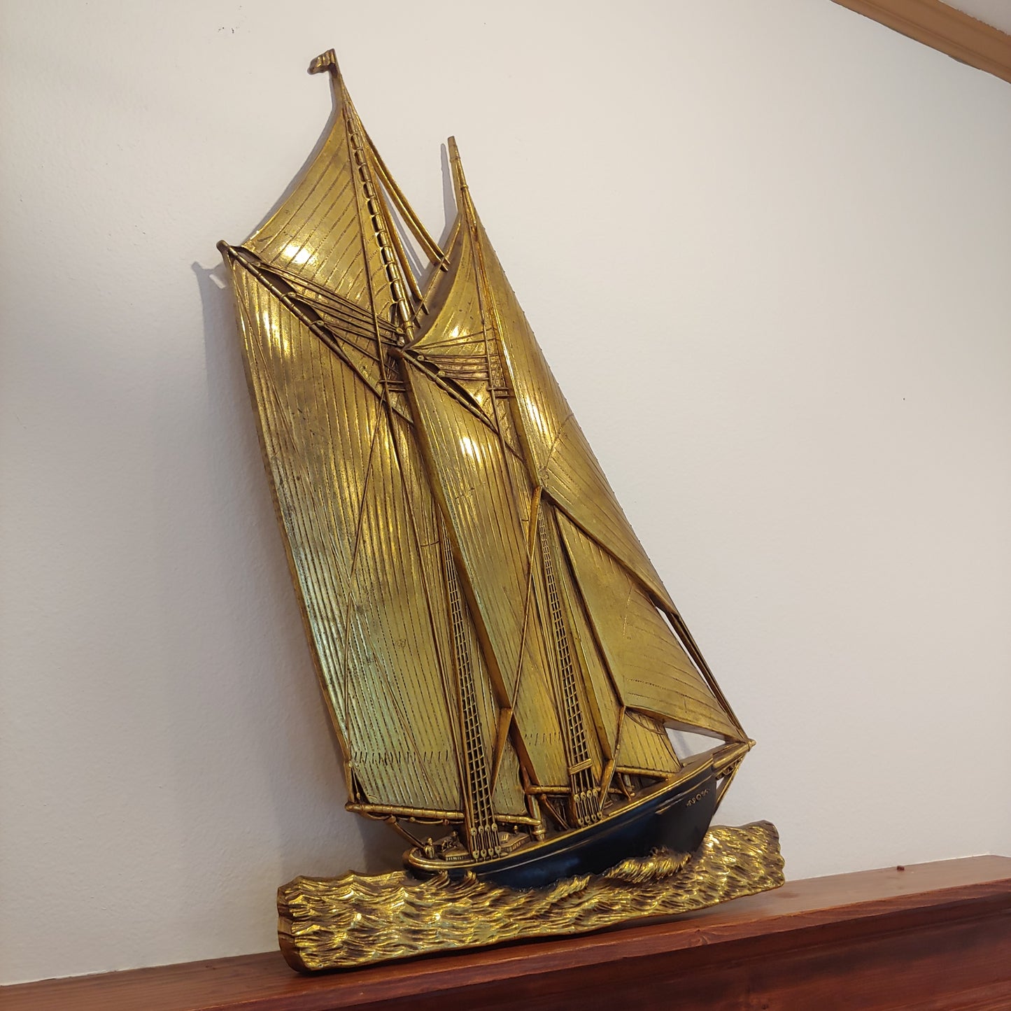 Vintage Mid Century Sailing Ship Boat Brass Plastic Wall Hang 33"