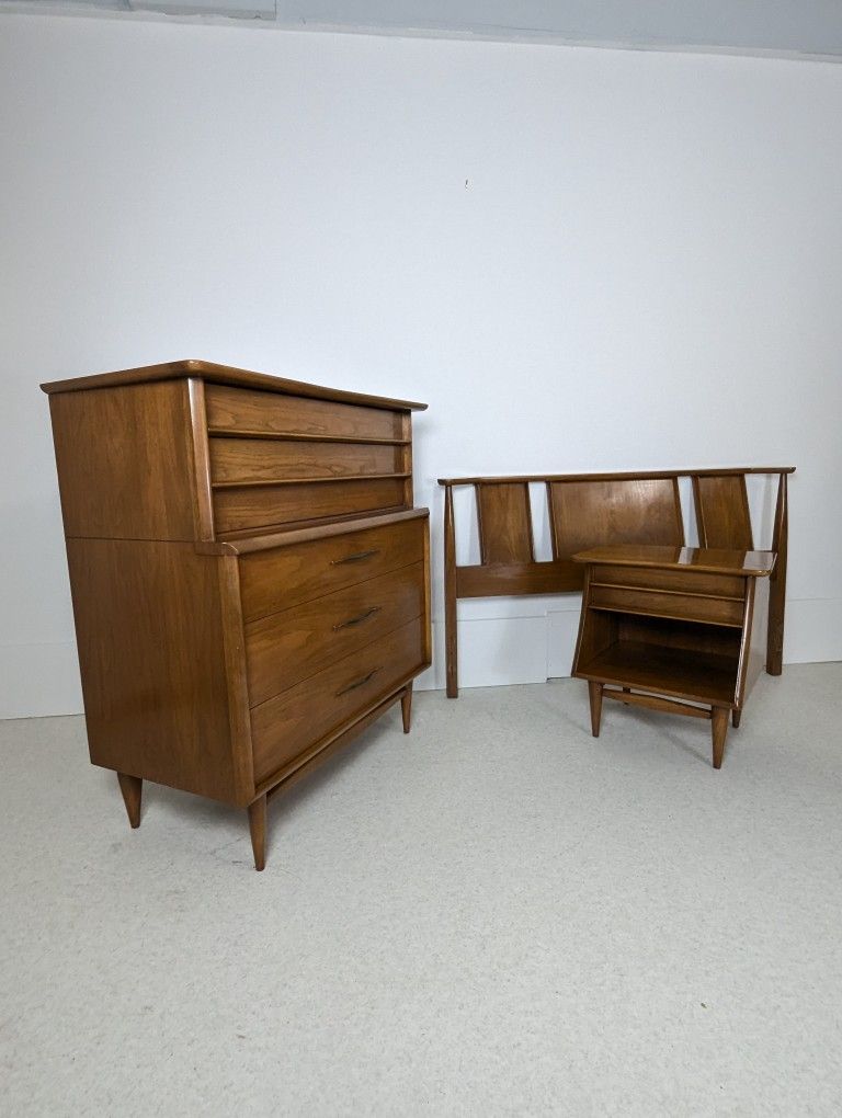 MCM Solid Walnut Highboy Dresser, Nightstand & Full Bed by Kent Coffey