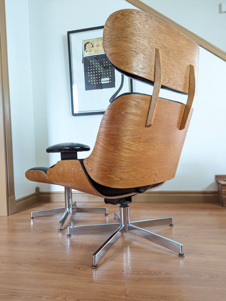 MCM Vintage Eames Black Leather Replica Lounge Chair & Ottoman