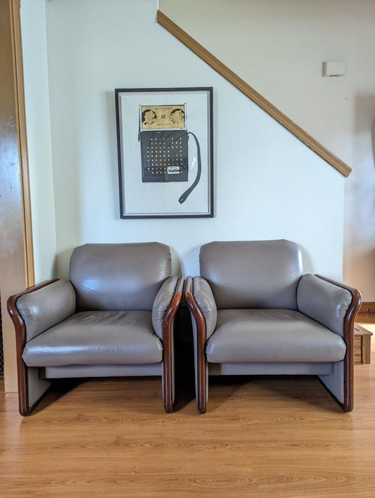 Pair Of Clay Leather & Teak Framed Postmodern Club Lounge Chairs By Kimball