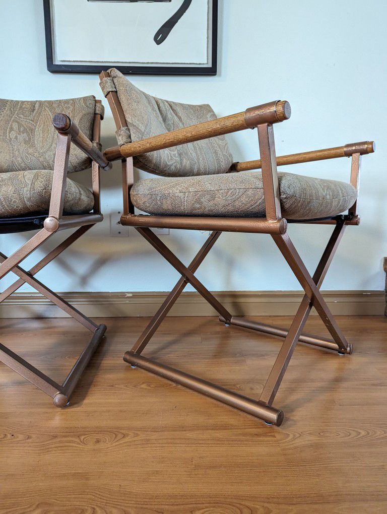 Postmodern Pair of Paisley, Copper & Oak X Framed Directors Chairs