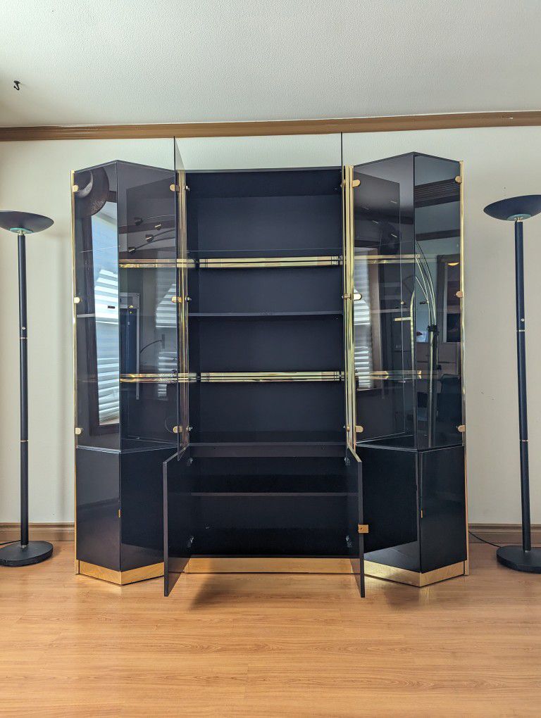 1980's Black Lacquered Laminate & Brass Postmodern Wall Unit by Mobilia