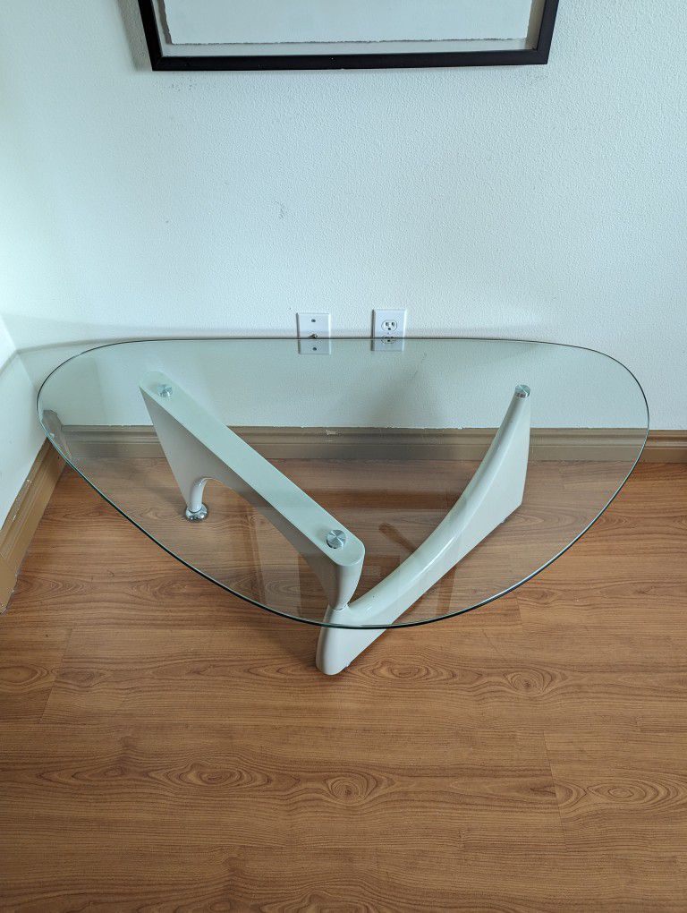 Noguchi Style White Triangular Postmodern Glass Top Coffee Table