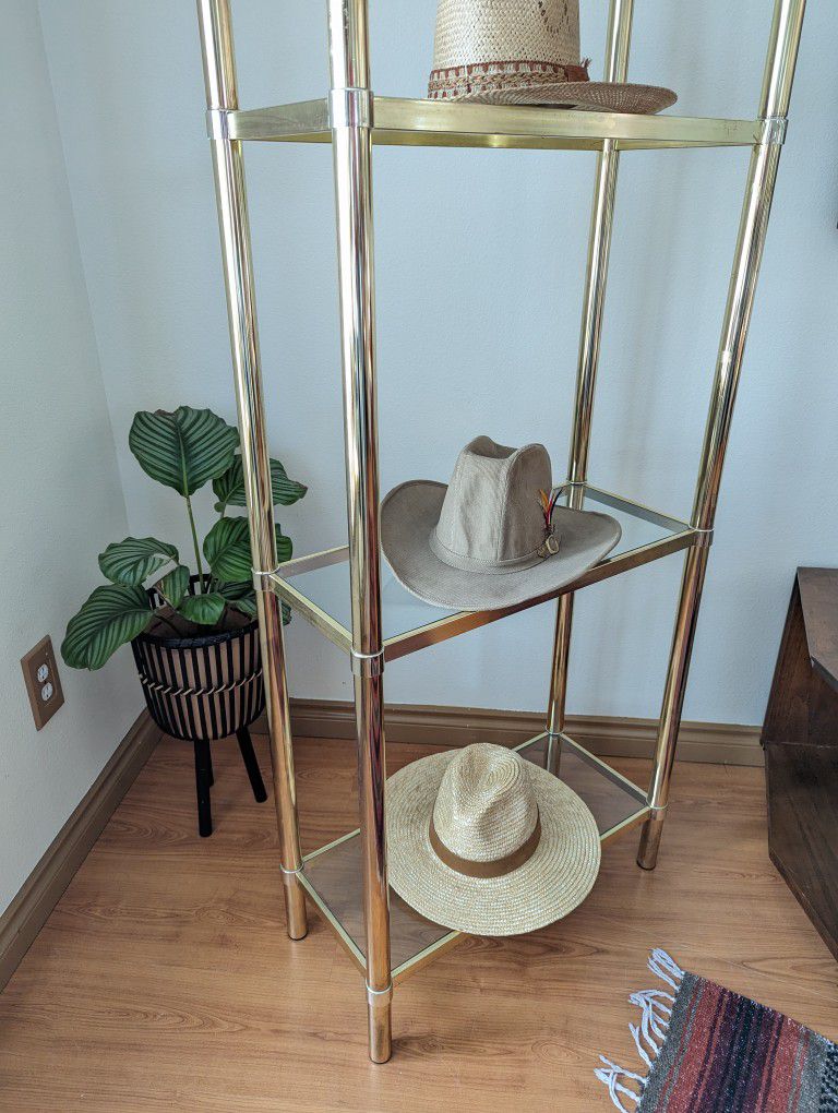 Vintage Art Deco 4 Tiered Brass Glass Open Display Tall Etagere Shelf