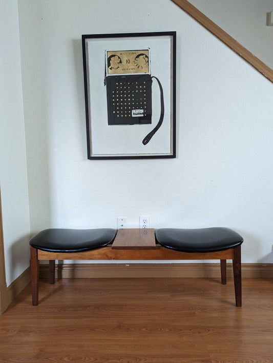 Mid Century Modern Walnut, Teak & Black Faux Leather Two Person Bench & Table