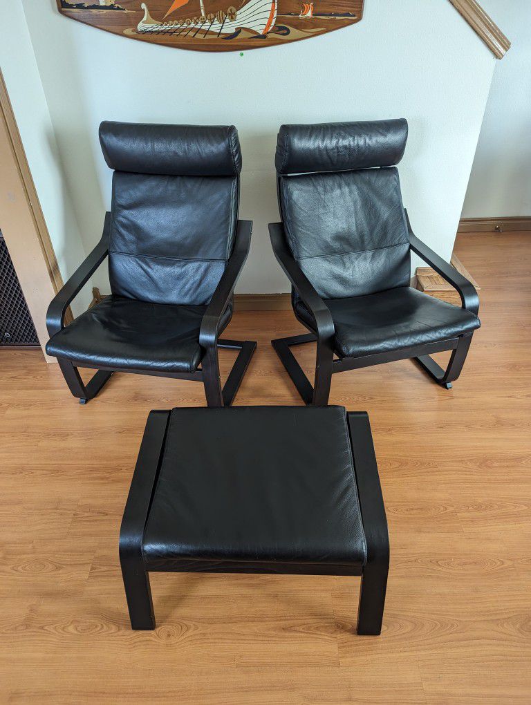 Pair of IKEA Poang Black On Black Leather & Bentwood Lounge Chairs & Ottoman