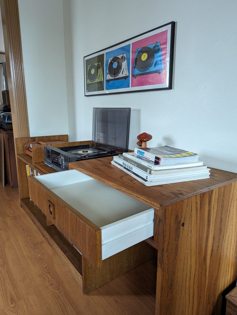 Modular Oak Record Player Stand & Storage Cabinet w/ Bookshelf