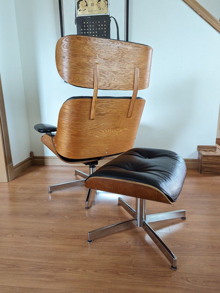 MCM Vintage Eames Black Leather Replica Lounge Chair & Ottoman