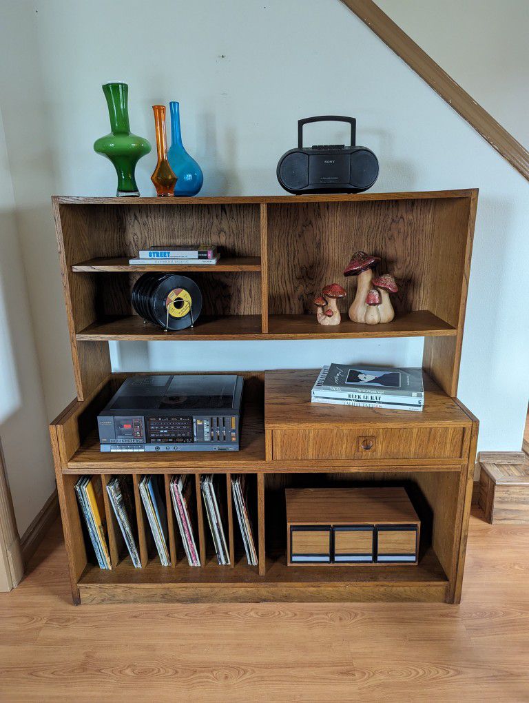 Modular Oak Record Player Stand & Storage Cabinet w/ Bookshelf