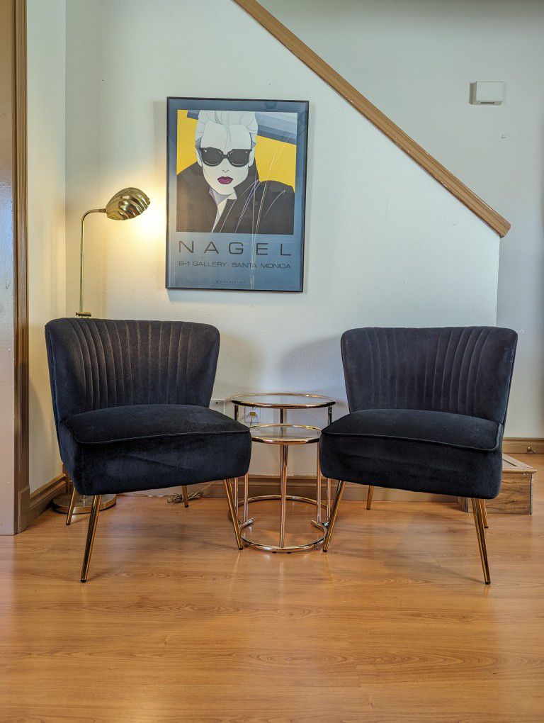 Brand New Pair of Black Velvet Shell Back & Brass Accent Chairs / Art Deco Lounge $100 Each!