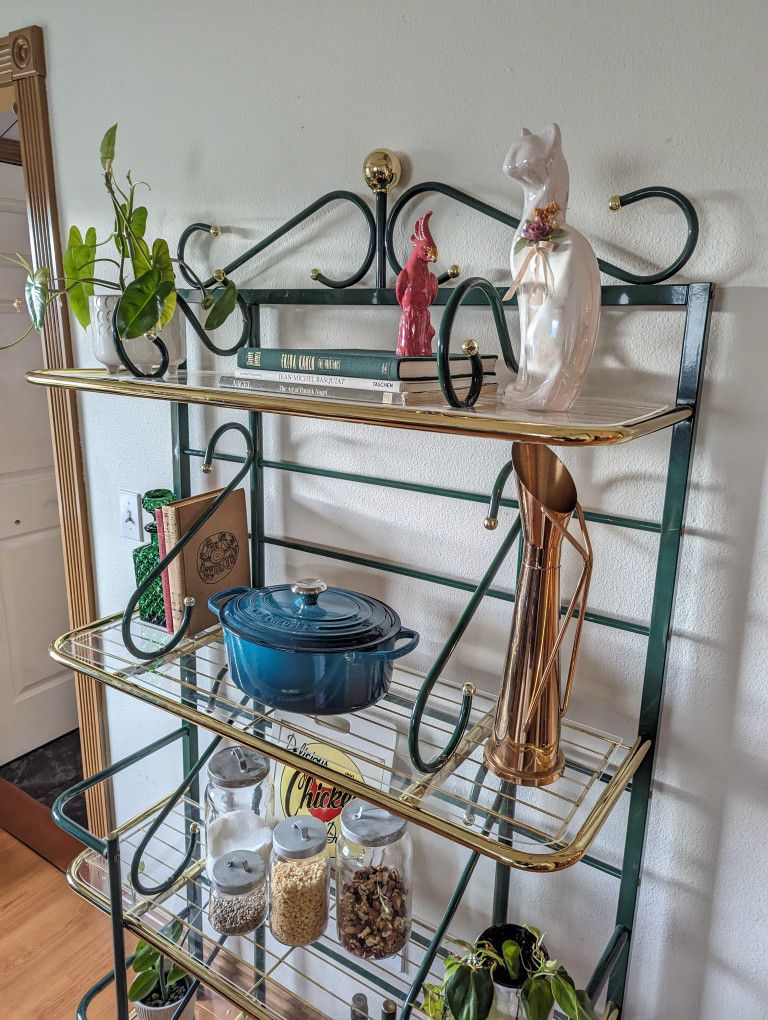 Vintage Postmodern Brass 4 Tiered Bakers Rack Bookshelf Display Etagere