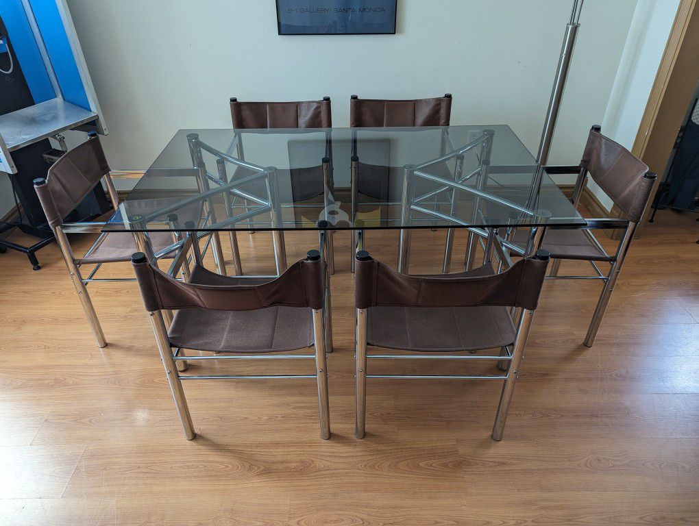 MCM Chrome Dining Table w/ Smoked Glass & 6 Sling Chair Set by John David Inc.