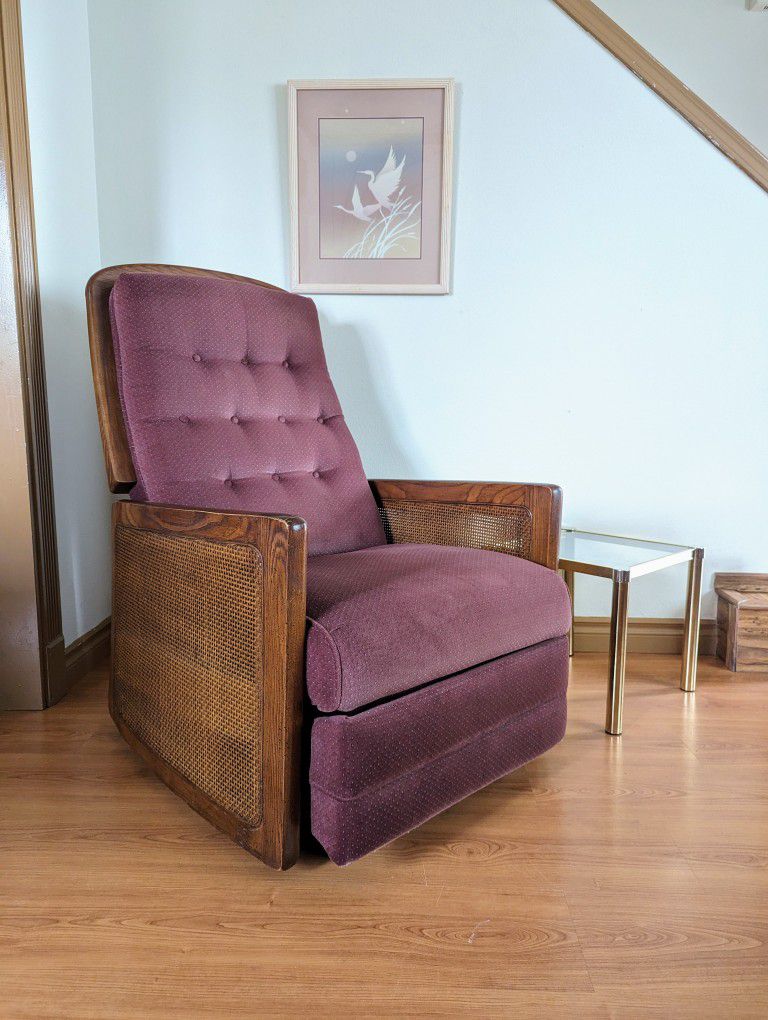 Vintage MCM Walnut & Caned Boho Recliner w/ Mauve Upholstery