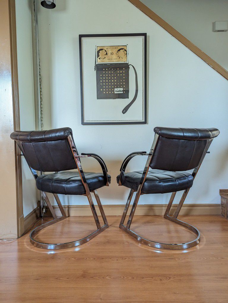 Vintage Postmodern Chrome & Black Leather Pair of Cantilever Z Chairs