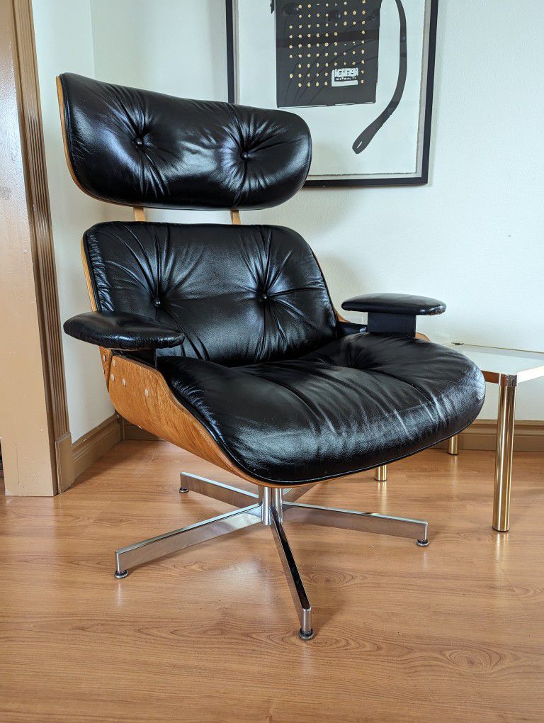 MCM Vintage Eames Black Leather Replica Lounge Chair & Ottoman