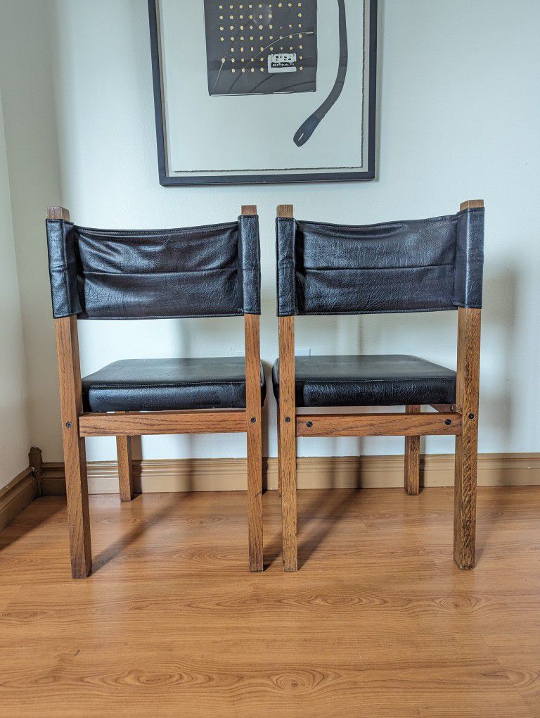 Vintage MCM Pair of Solid Oak & Black Faux Leather Sling Back Chairs $165 Each