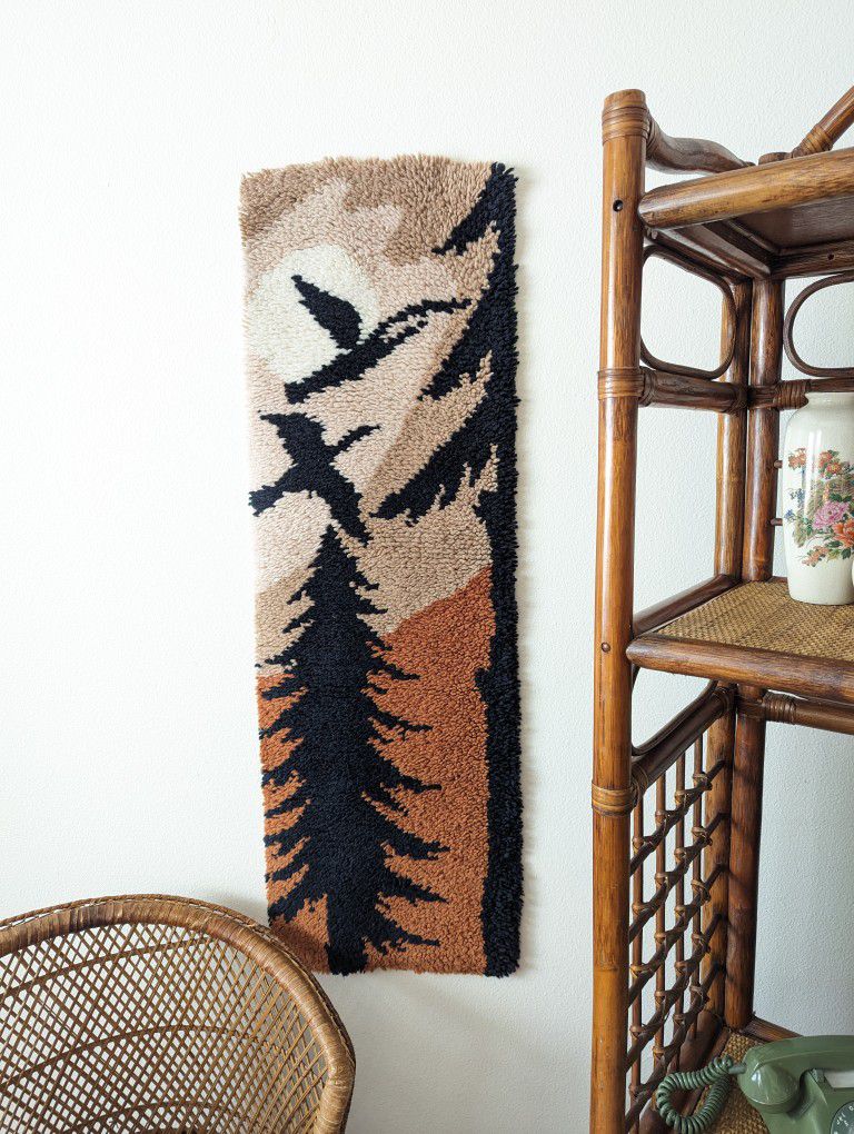 Vintage 1970's Boho Latch Hook Wall Art / Flying Birds & Pine Trees