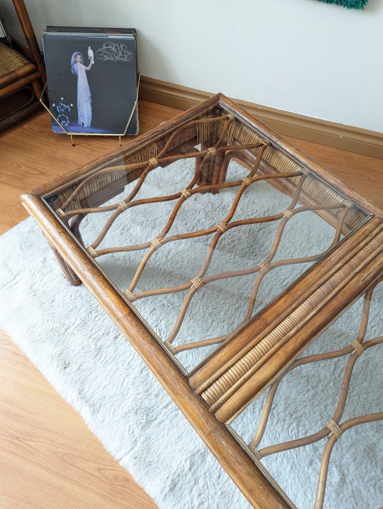 70's Mid Century Boho Bamboo & Rattan Glass Top Coffee Table