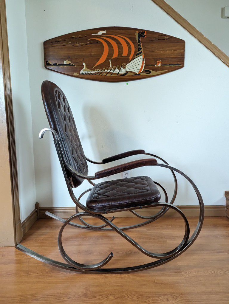 1970's French Chrome & Brown Leather Rocker by Maison Jansen