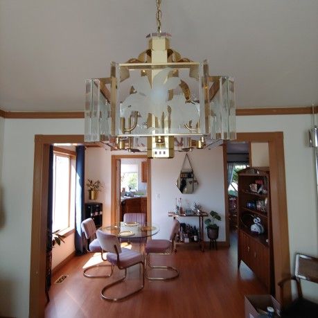 Postmodern Art Deco Fredrick Ramond Signed Glass & Brass Chandelier