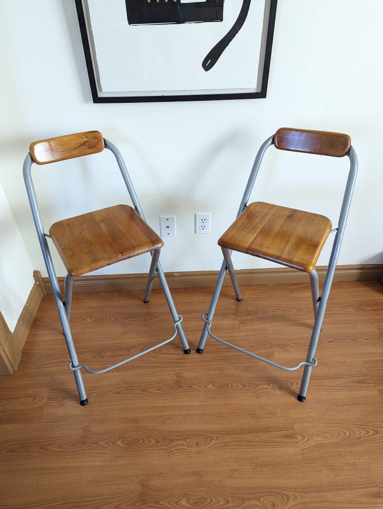 Vintage Pair of IKEA Dennis Folding Metal & Wood Bar Stools