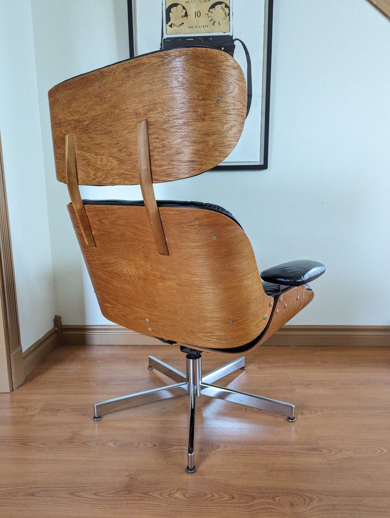 MCM Vintage Eames Black Leather Replica Lounge Chair & Ottoman